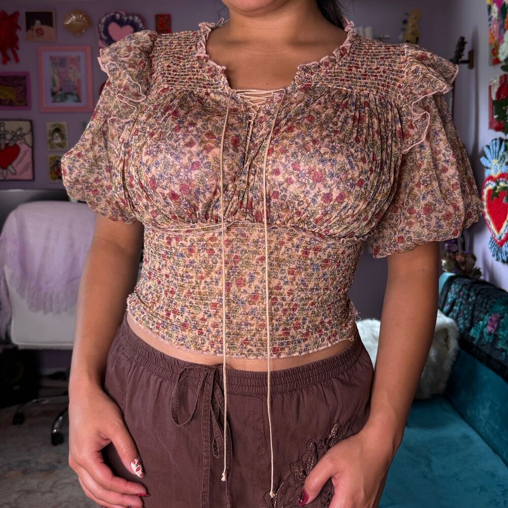 Free People whimsical floral ruffle peasant blouse